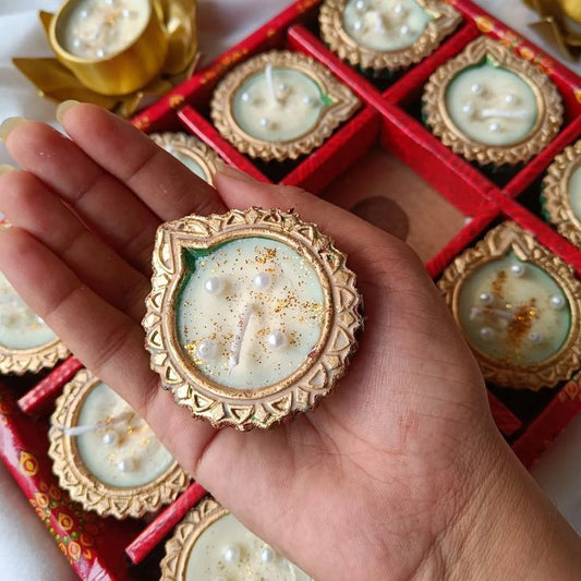 Scented Wax Golden Diya Candle Set – Long-Lasting Handmade Diwali Diyas by Vyory (Set of 3)