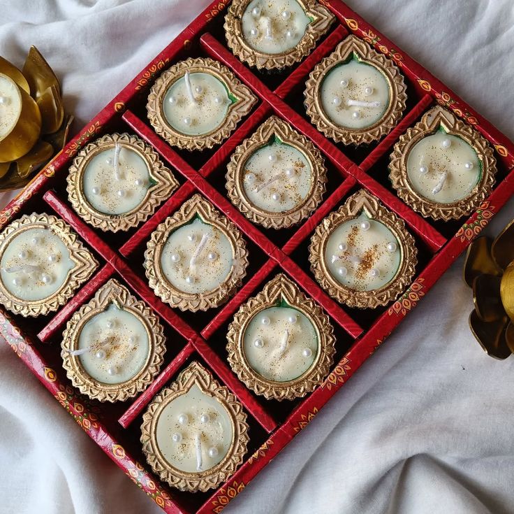 Scented Wax Golden Diya Candle Set – Long-Lasting Handmade Diwali Diyas by Vyory (Set of 3)