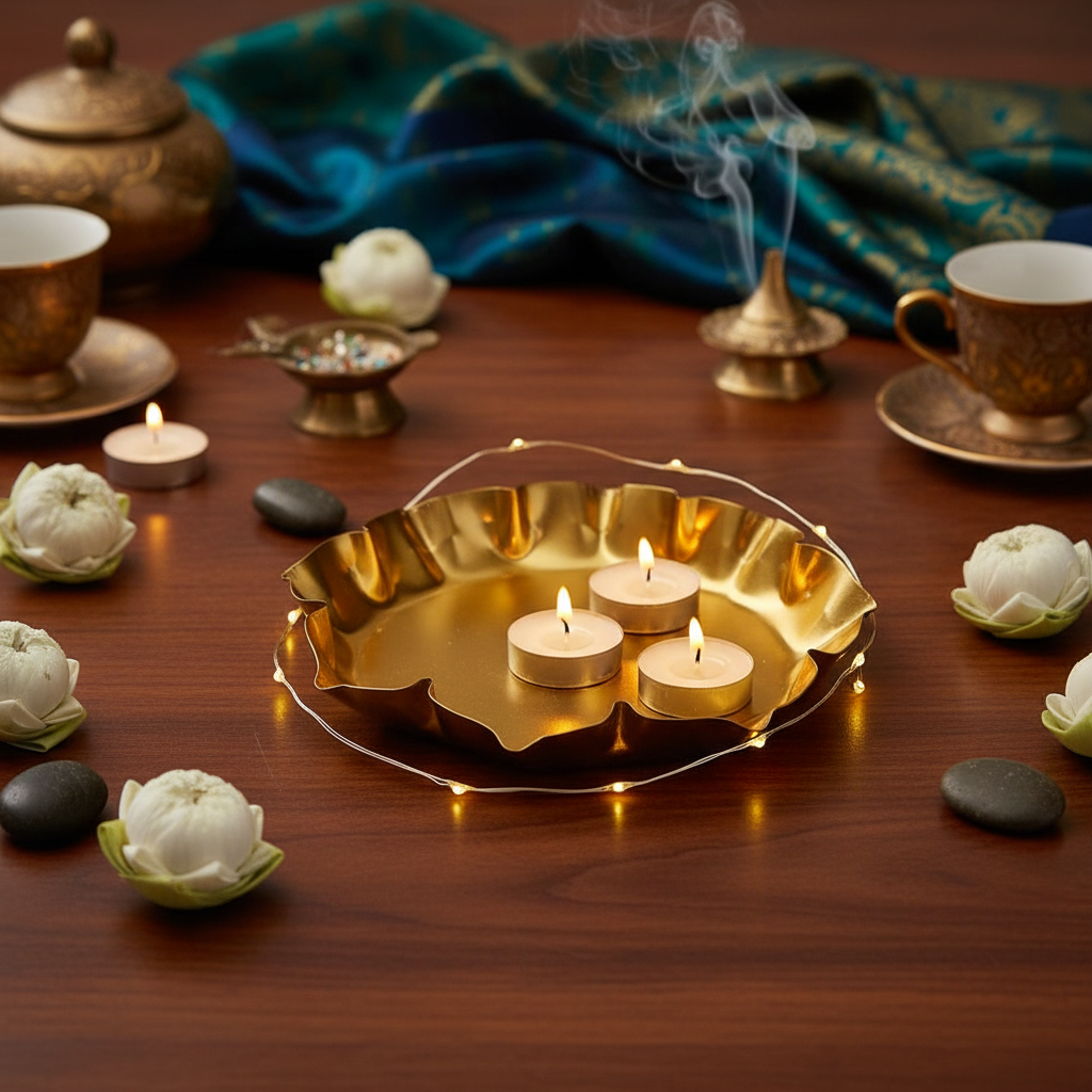 Gold-toned lotus petal metal urli bowl for floating candles and Diwali décor in India